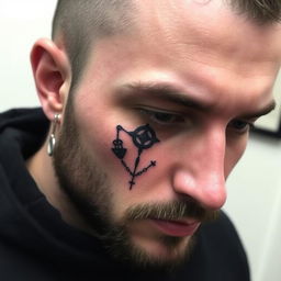 A small, masculine tattoo design with a dark, discreet, and authentic style to be placed on the face