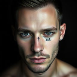 A small, masculine tattoo design with a dark, discreet, and authentic style to be placed on the face