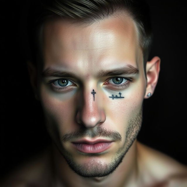 A small, masculine tattoo design with a dark, discreet, and authentic style to be placed on the face