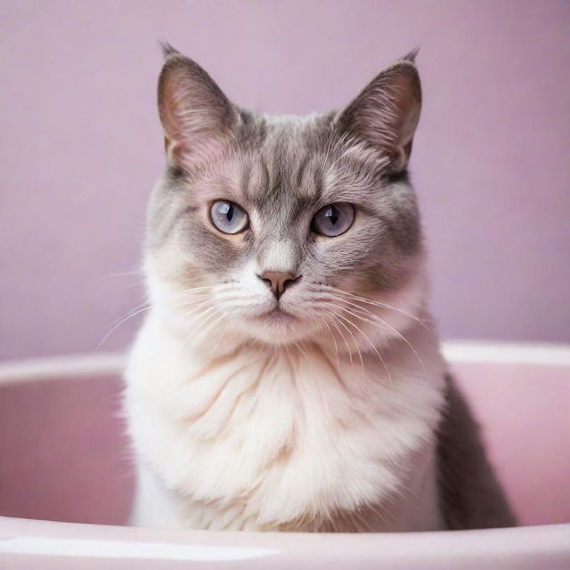 An elegant cat bathed in an aesthetic mix of soft hues of pink and purple.