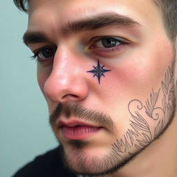 A small, masculine, dark, discreet, authentic, and original tattoo design for a man's face