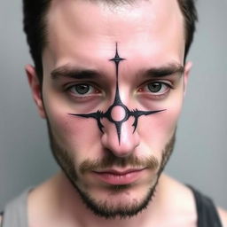 A small, masculine, dark, discreet, authentic, and original tattoo design for a man's face