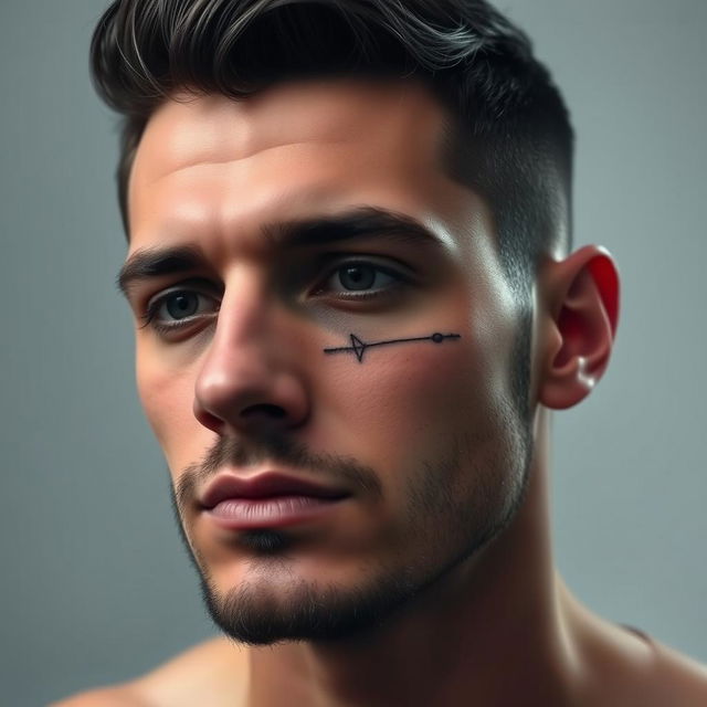 A small, masculine, dark, discreet, authentic, and original tattoo design for a man's face