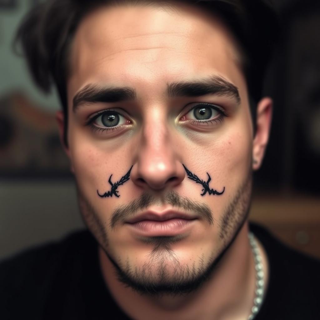 A small, masculine, dark, symmetrical, discreet, authentic, and original tattoo design for a man's face