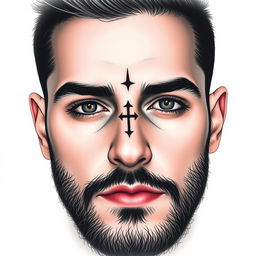 A small, masculine, dark, symmetrical, discreet, authentic, and original tattoo design for a man's face