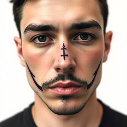 A small, masculine, gangster-inspired, symmetrical, discreet, authentic, and original tattoo design for a man's face