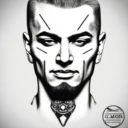 A small, masculine, gangster-inspired, discreet, authentic, and original tattoo design for a man's face