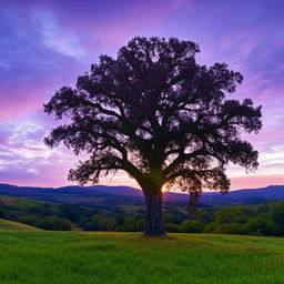 A gorgeous landscape of rolling green hills under a sky lit with a sunset purple hue, with a dominant majestic oak tree in the foreground.