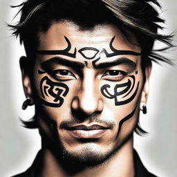 A small, masculine, dark, tribal-inspired, discreet, authentic, and original tattoo design for a man's face