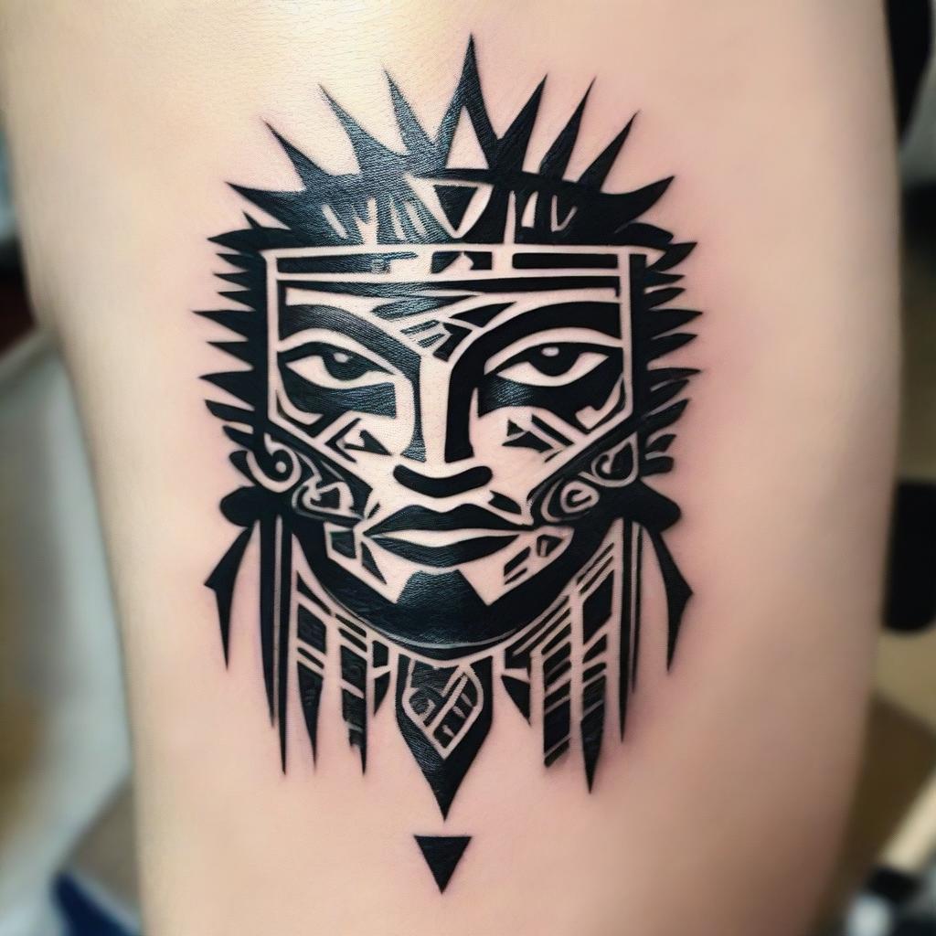 A small, masculine, dark, tribal-inspired, discreet, authentic, and original tattoo design for a man's face