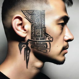 A small, masculine, dark, tribal-inspired, discreet, authentic, and original tattoo design for a man's face