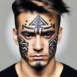 A small, masculine, dark, tribal-inspired, discreet, authentic, and original tattoo design for a man's face