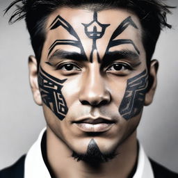 A small, masculine, dark, tribal-inspired, discreet, authentic, and original tattoo design for a man's face