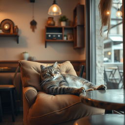 A cozy scene featuring a cat relaxing in a quaint cafe, with soft lighting, rustic decor, and a warm, inviting atmosphere