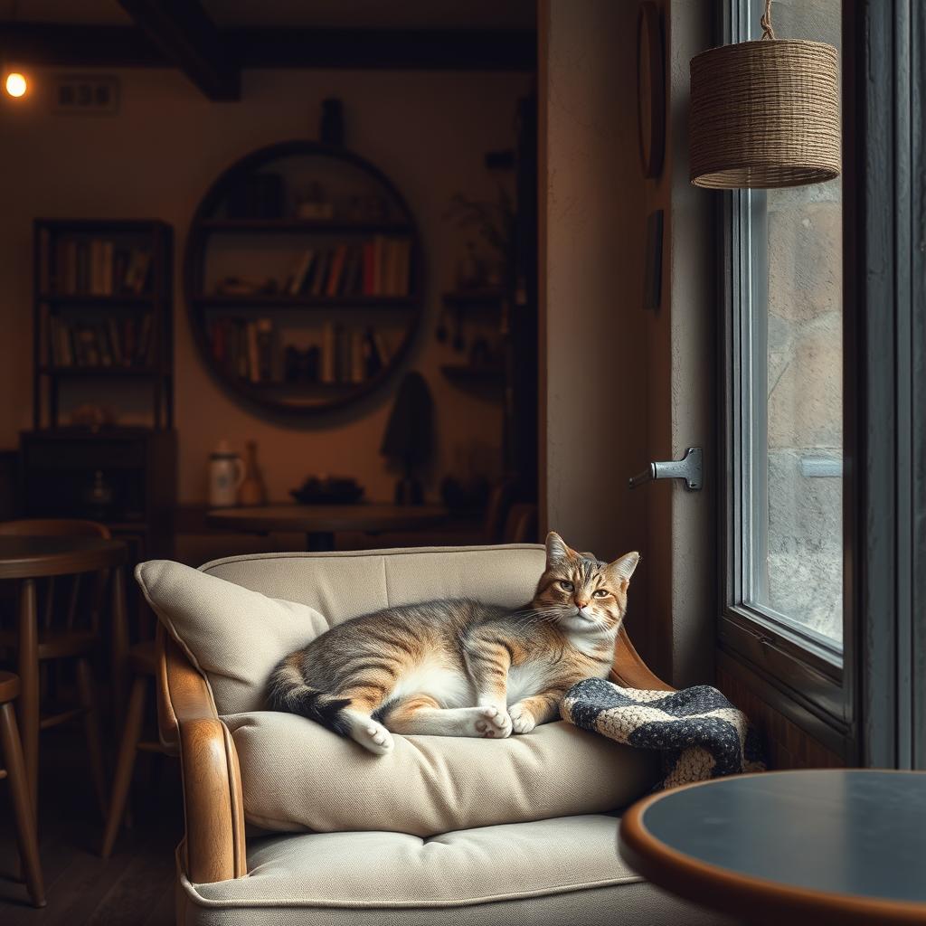 A cozy scene featuring a cat relaxing in a quaint cafe, with soft lighting, rustic decor, and a warm, inviting atmosphere