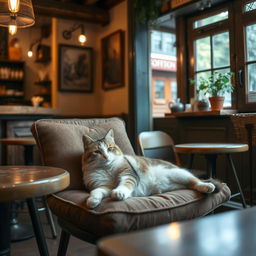 A cozy scene featuring a cat relaxing in a quaint cafe, with soft lighting, rustic decor, and a warm, inviting atmosphere