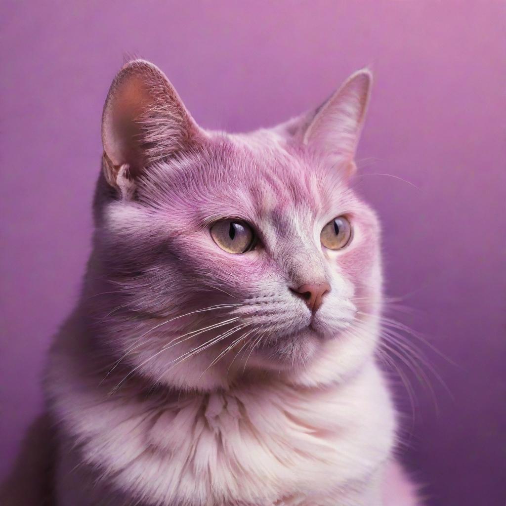 Artistic representation of a cat captured in a radiant aesthetic of pink and purple hues.