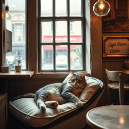 A cozy scene featuring a cat relaxing in a quaint cafe, with soft lighting, rustic decor, and a warm, inviting atmosphere