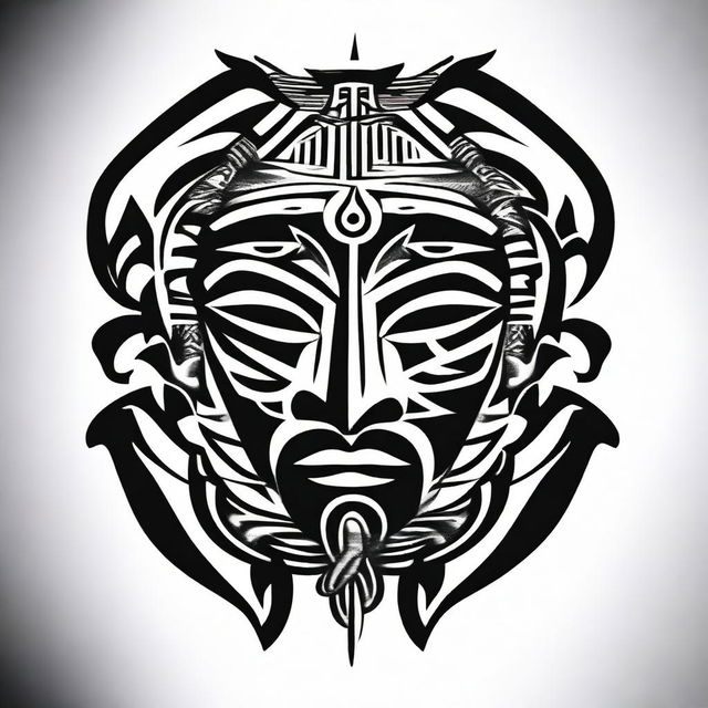 A small, masculine, dark, tribal-inspired, symmetrical, discreet, authentic, and original tattoo design for a man's face