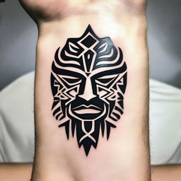 A small, masculine, dark, tribal-inspired, symmetrical, discreet, authentic, and original tattoo design for a man's face