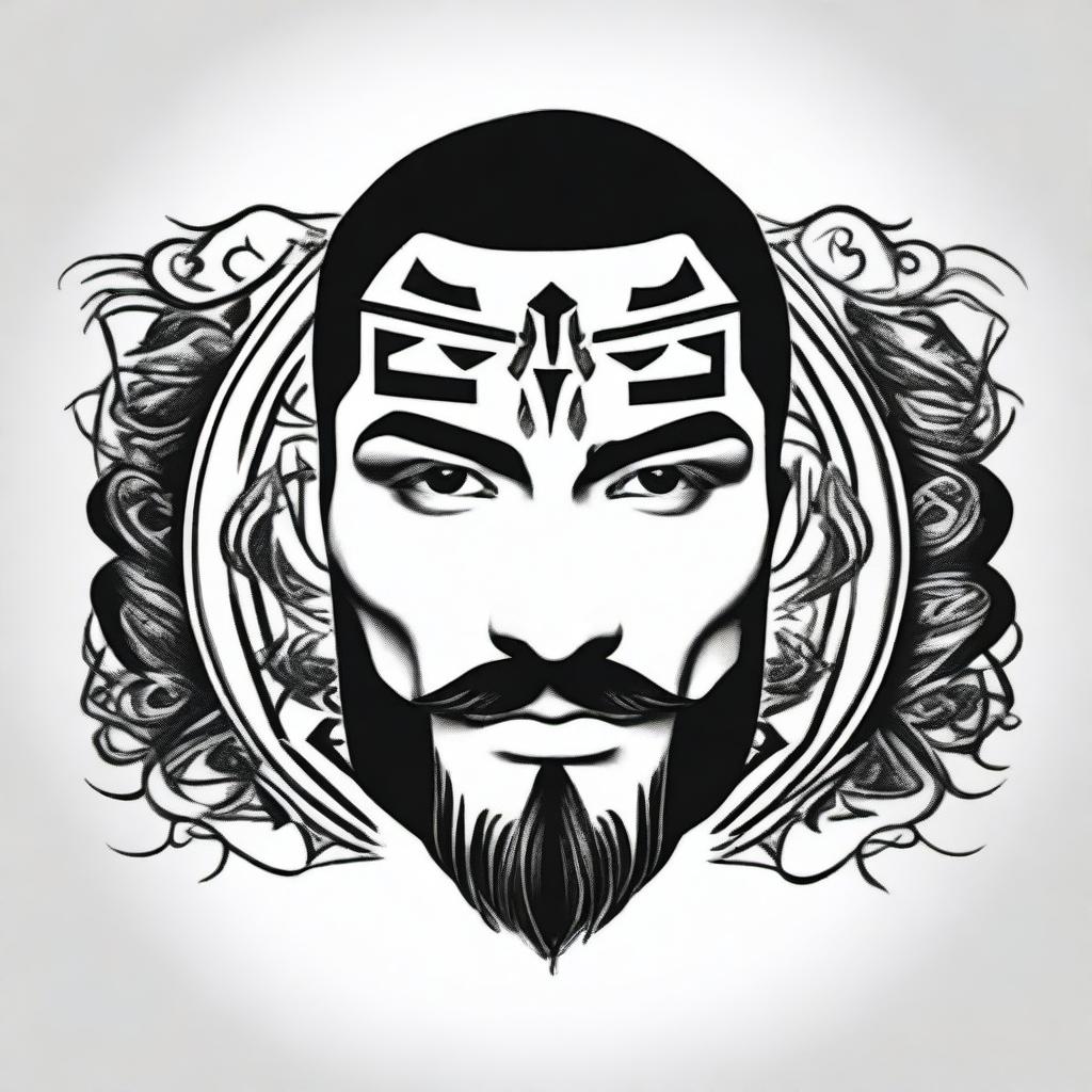 A small, masculine, dark, symmetrical, discreet, authentic, and original tattoo design for a man's face