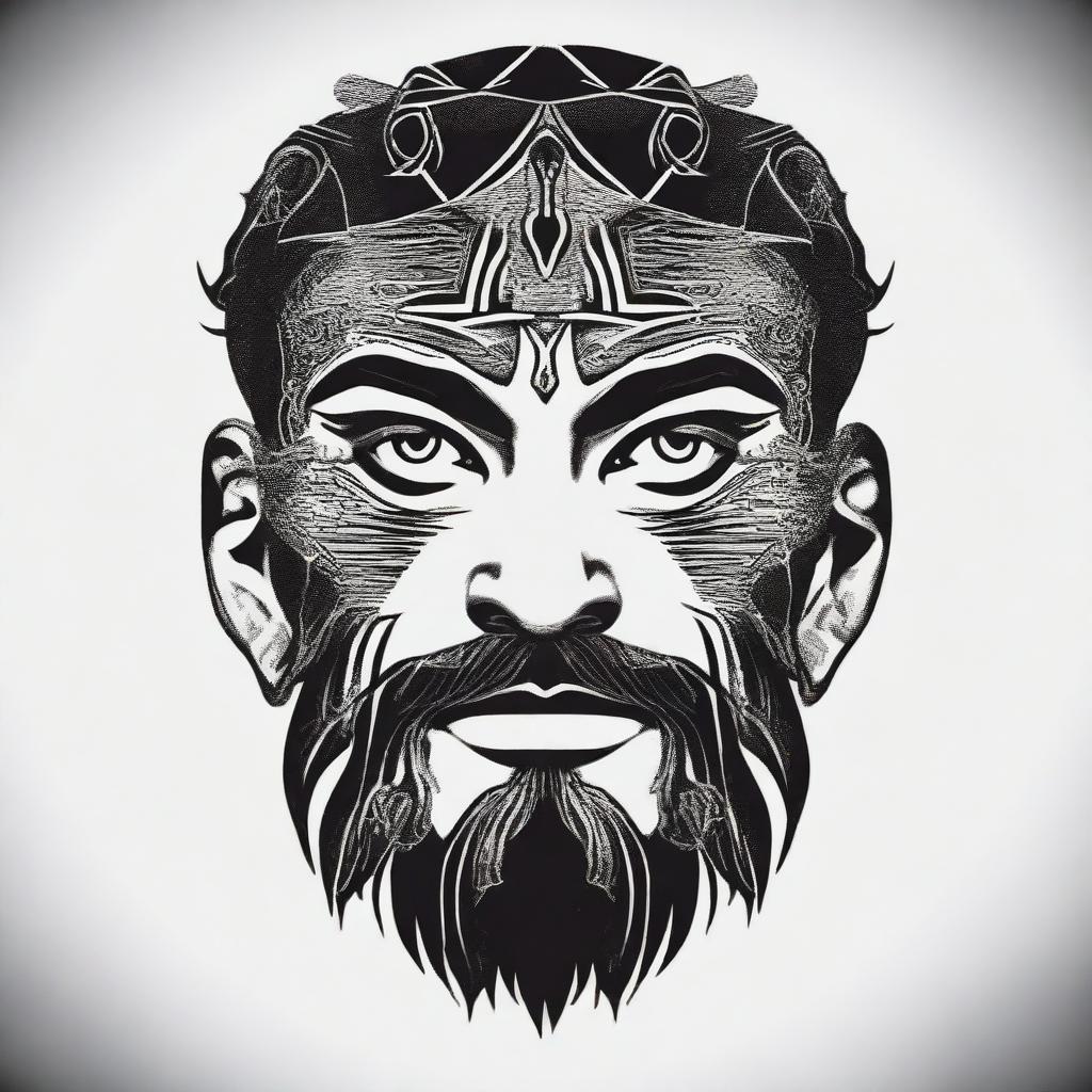 A small, masculine, dark, symmetrical, discreet, authentic, and original tattoo design for a man's face