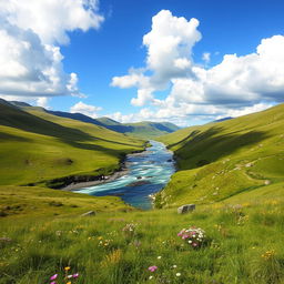 A beautiful landscape featuring rolling hills, a crystal-clear river flowing through the valley, and a bright blue sky with fluffy white clouds