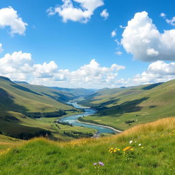 A beautiful landscape featuring rolling hills, a crystal-clear river flowing through the valley, and a bright blue sky with fluffy white clouds