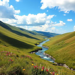 A beautiful landscape featuring rolling hills, a crystal-clear river flowing through the valley, and a bright blue sky with fluffy white clouds