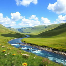 A beautiful landscape featuring rolling hills, a crystal-clear river flowing through the valley, and a bright blue sky with fluffy white clouds