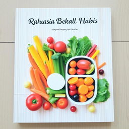 A lunch book filled with colorful appetizing vegetables and fruits on a light brown wooden patterned board