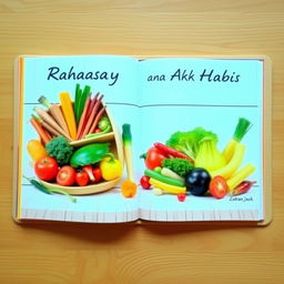 A lunch book filled with colorful appetizing vegetables and fruits on a light brown wooden patterned board