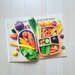 A lunch book filled with colorful appetizing vegetables and fruits on a light brown wooden patterned board