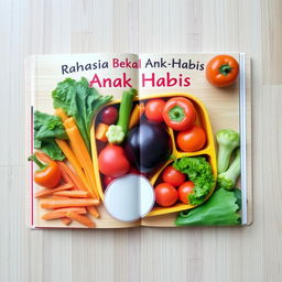 A lunch book filled with colorful appetizing vegetables and fruits on a light brown wooden patterned board