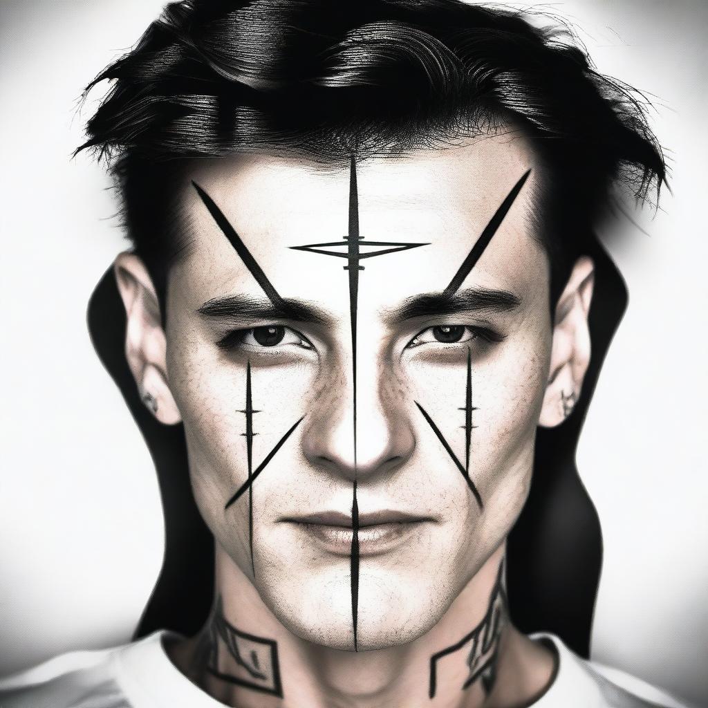 A small, masculine, dark, symmetrical, discreet, authentic, and original tattoo design for a man's face, inspired by the crosshair from video games