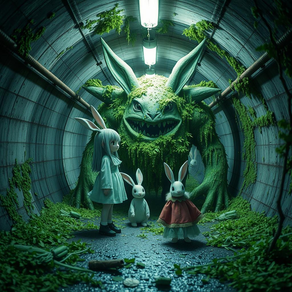 Create a 4K poster with a white wallpaper background featuring two rabbit girls standing behind a monster covered in algae