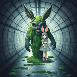 Create a 4K poster with a white wallpaper background featuring two rabbit girls standing behind a monster covered in algae