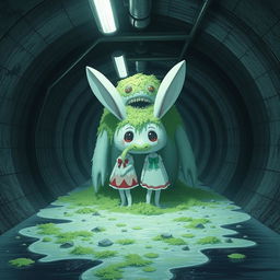 Create a 4K poster with a white wallpaper background featuring two rabbit girls standing behind a monster covered in algae