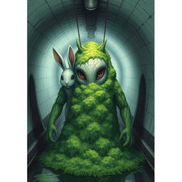 Create a 4K poster with a white wallpaper background featuring two rabbit girls standing behind a monster covered in algae