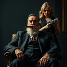 A man wearing a suit is sitting in a chair with a cigar in his mouth, covered with a white beard