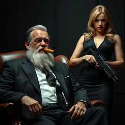 A man wearing a suit is sitting in a chair with a cigar in his mouth, covered with a white beard