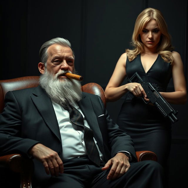 A man wearing a suit is sitting in a chair with a cigar in his mouth, covered with a white beard