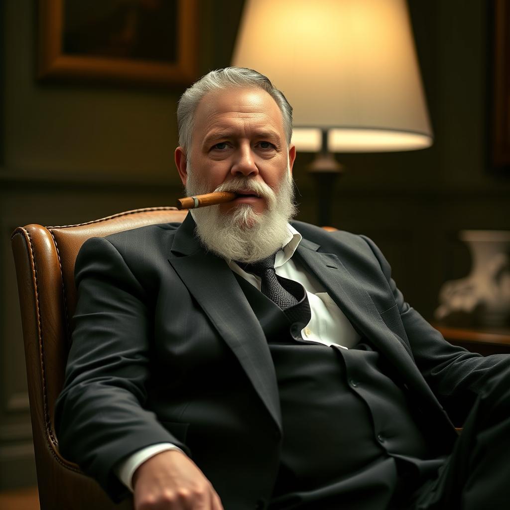 A man sitting in a chair with a cigar in his mouth, wearing a suit and having a white beard