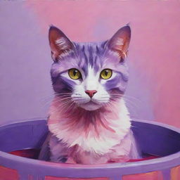 A hand-painted artwork of a cat bathed in a vibrant aesthetic composed of pink and purple tones.