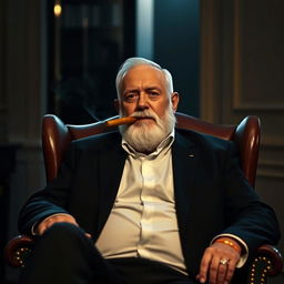 A man sitting in a chair with a cigar in his mouth, wearing a suit and having a white beard