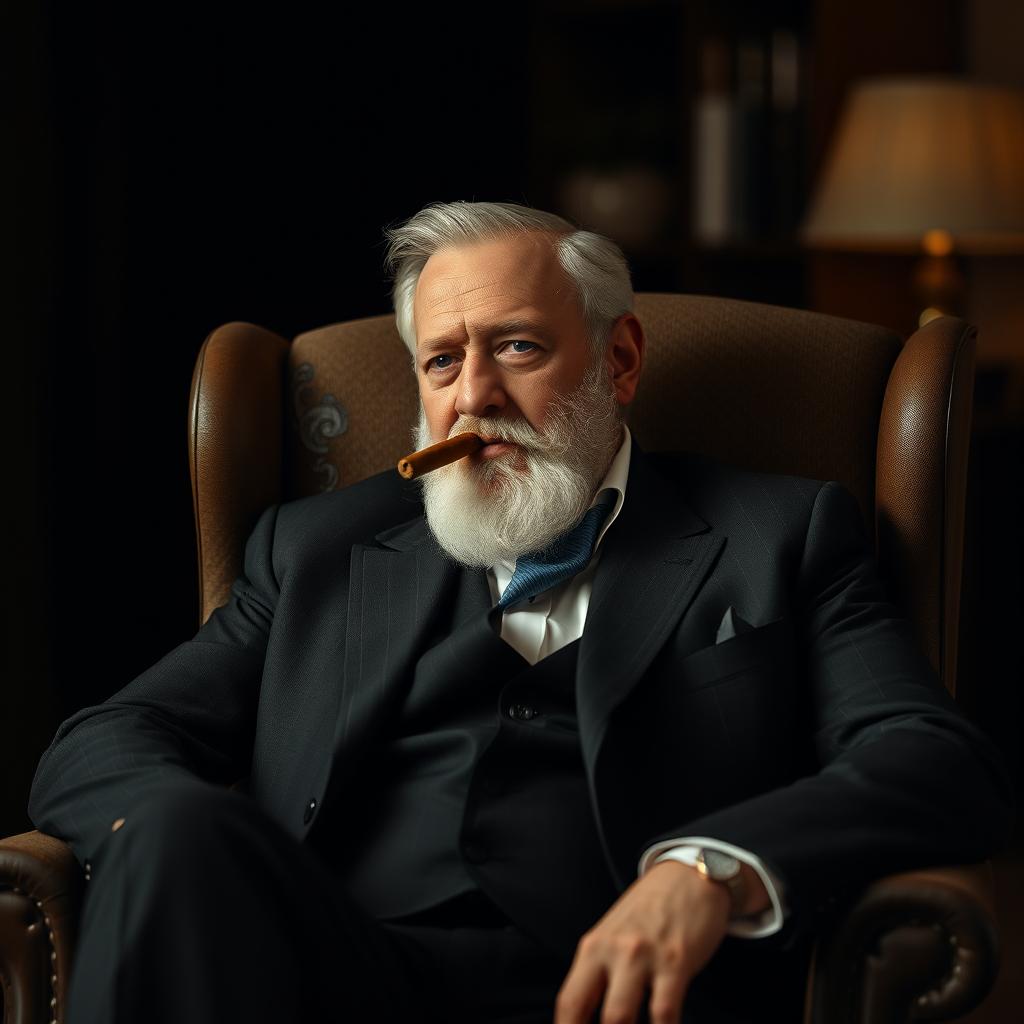 A man sitting in a chair with a cigar in his mouth, wearing a suit and having a white beard