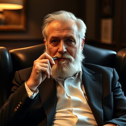 A man sitting in a chair with a cigar in his mouth, wearing a suit and having a white beard