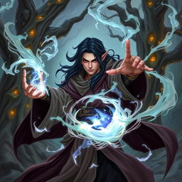 A semi-elf wizard with black hair casting wild magic