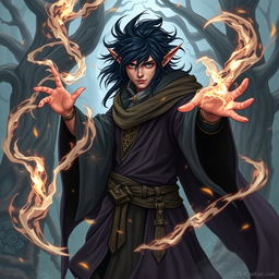 A semi-elf wizard with black hair casting wild magic