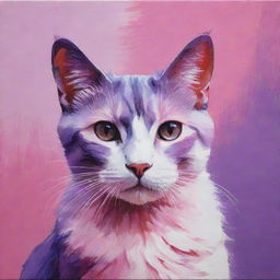 A hand-painted artwork of a cat bathed in a vibrant aesthetic composed of pink and purple tones.